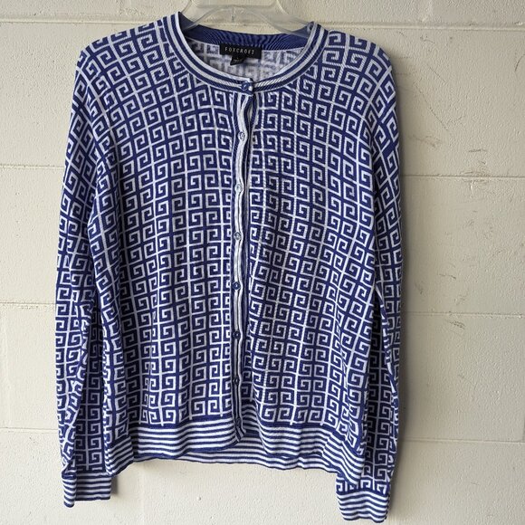 Blue White Button Down Geometric Cardigan Sweater - Picture 1 of 7